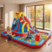 Adnoom Inflatable Water Slide for Bid Kids, Bounce House with Obstacle Course, Dual Pools, Slide, Basketball Hoop, Climbing Wall, Water Cannon, Jumping Castle without Blower, Water Park for Backyard