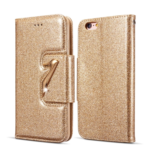 iPhone 6S Plus Case Wallet, iPhone 6 Plus Case, Allytech Glitter Bling Leather Cover Folio Credit Card Holder Wristlet Shockproof Protective Phone Case for Apple iPhone 6 Plus/ 6S Plus (Gold)