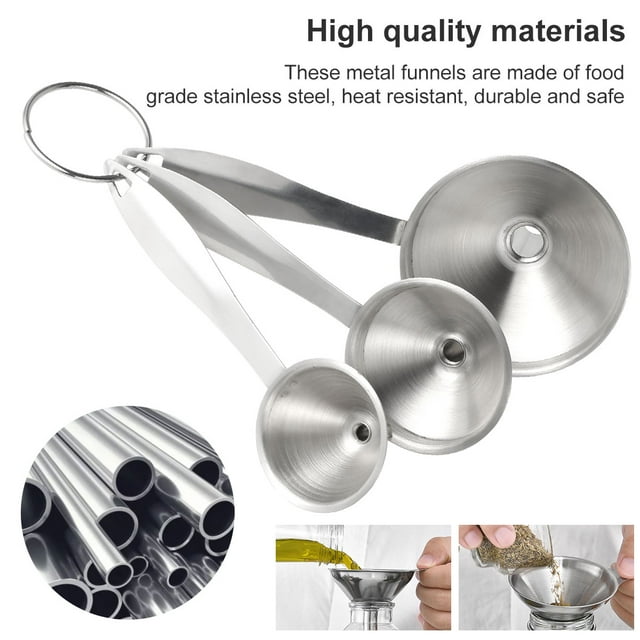 Muyoka Pluokvzr Juego de 3 embudos de 3 tamaños Embudos pequeños de acero inoxidable con diseño de mango largo Embudos de cocina apilables multifunción Herramientas para llenar botellas y transferir f Muyoka Hogar