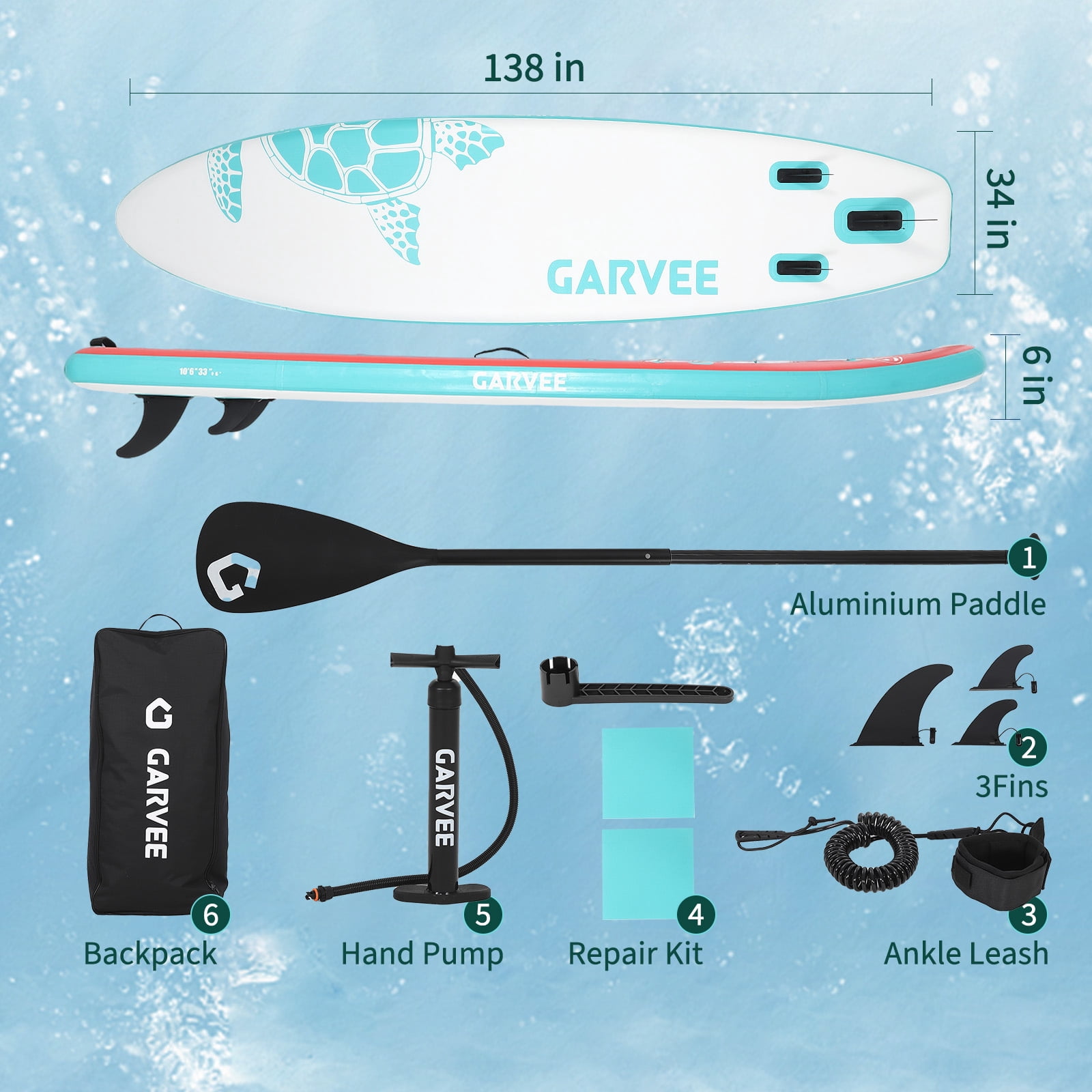 Garvee Bohemian Style Inflatable Stand Up Paddle Board with Accessories, EVA Non-Slip Deck SUP Board with 3 Fins, All-Around iSUP for Adults & Youth, for Lake, Ocean & River (Light Green, 138'')