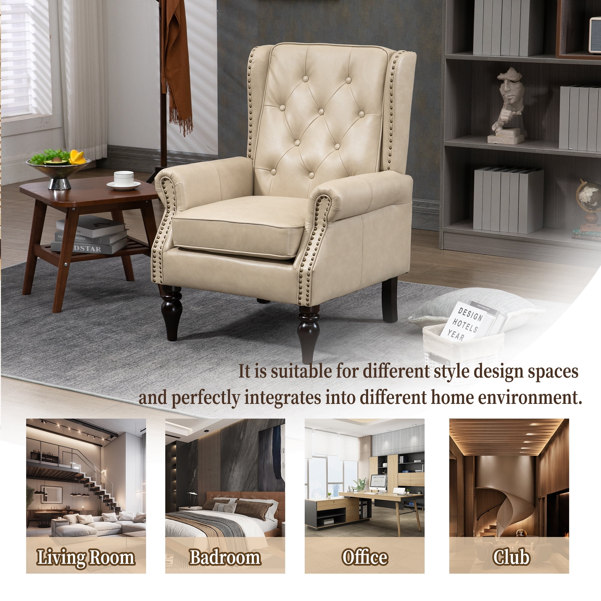 Miniyam PU Leather Armchair with Wood Frame, Modern Accent Chair Lounge Chair with Sturdy Wood Legs, for Living Room Bedroom,Camel