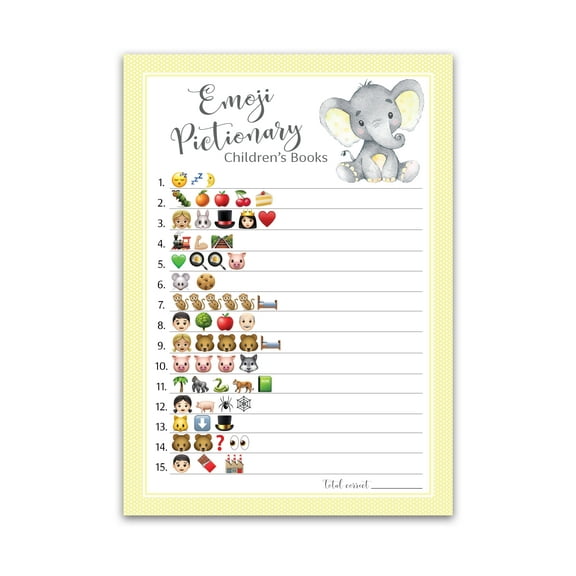 GENDER NEUTRAL Emoticons Baby Shower Game —Pack of 25 — Pictionary Children's Books Baby Shower Games, Polka Dot YELLOW BABY ELEPHANT emoticon Games Gender Neutral Baby Shower Games Activity A521-EMJ