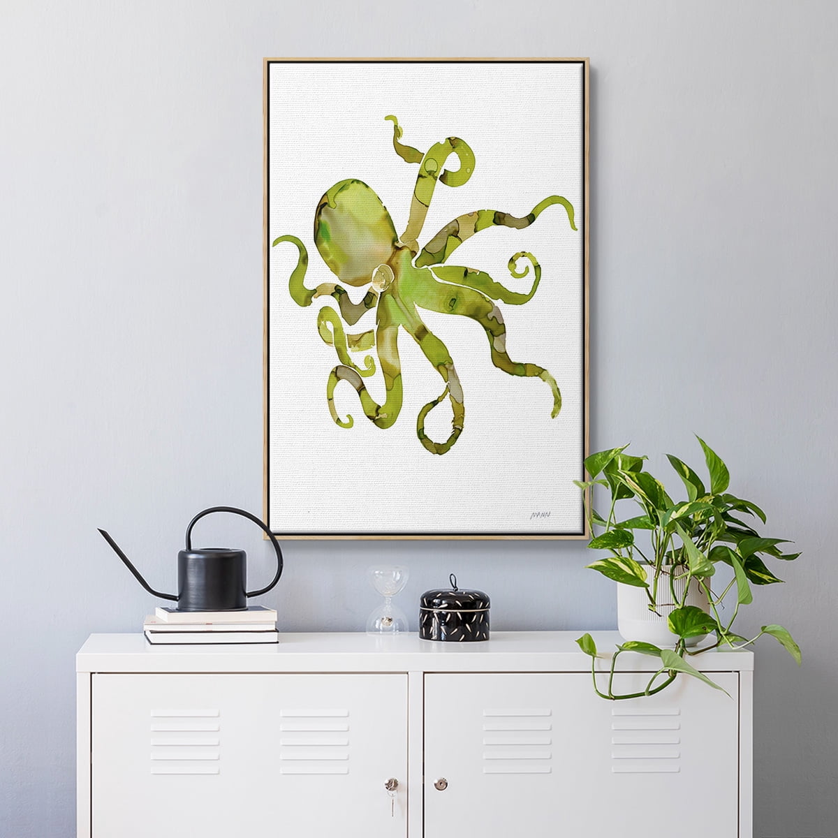 Octopus Framed Premium Gallery Wrapped Canvas - Ready to Hang - 27 x 41 - Natural Wood Floating Frame