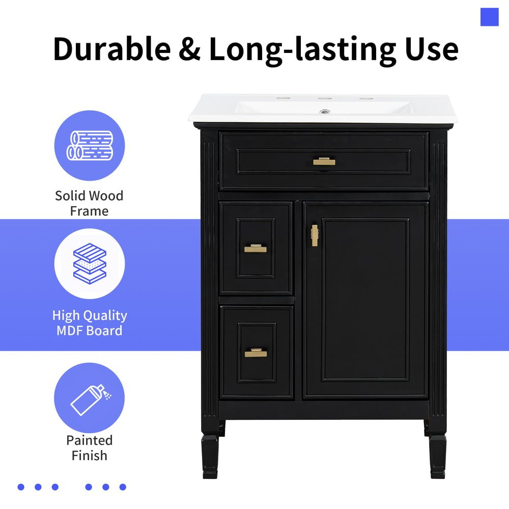 WGYPRIME 24" Bathroom Vanity with Sink, Modern Bathroom Storage Cabinet with Flip Drawer and 2 Standard Drawers, Freestanding Solid Wood Bathroom Cabinet