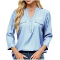 thumbnail image 2 of Plus Size Tops for Women V-Neck 3/4 Sleeve Denim Imitation Shirt Casual Loose Top Light Blue 2XL, 2 of 6