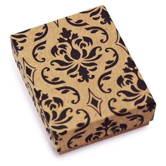 Small Gift Boxes 100 Pack - 2 1/8 x 1 5/8 x 3/4 inch Damask Brown Cardboard Paper Boxes for Earrings, Pendants, Gems - Cotton Filled Jewelry Packaging