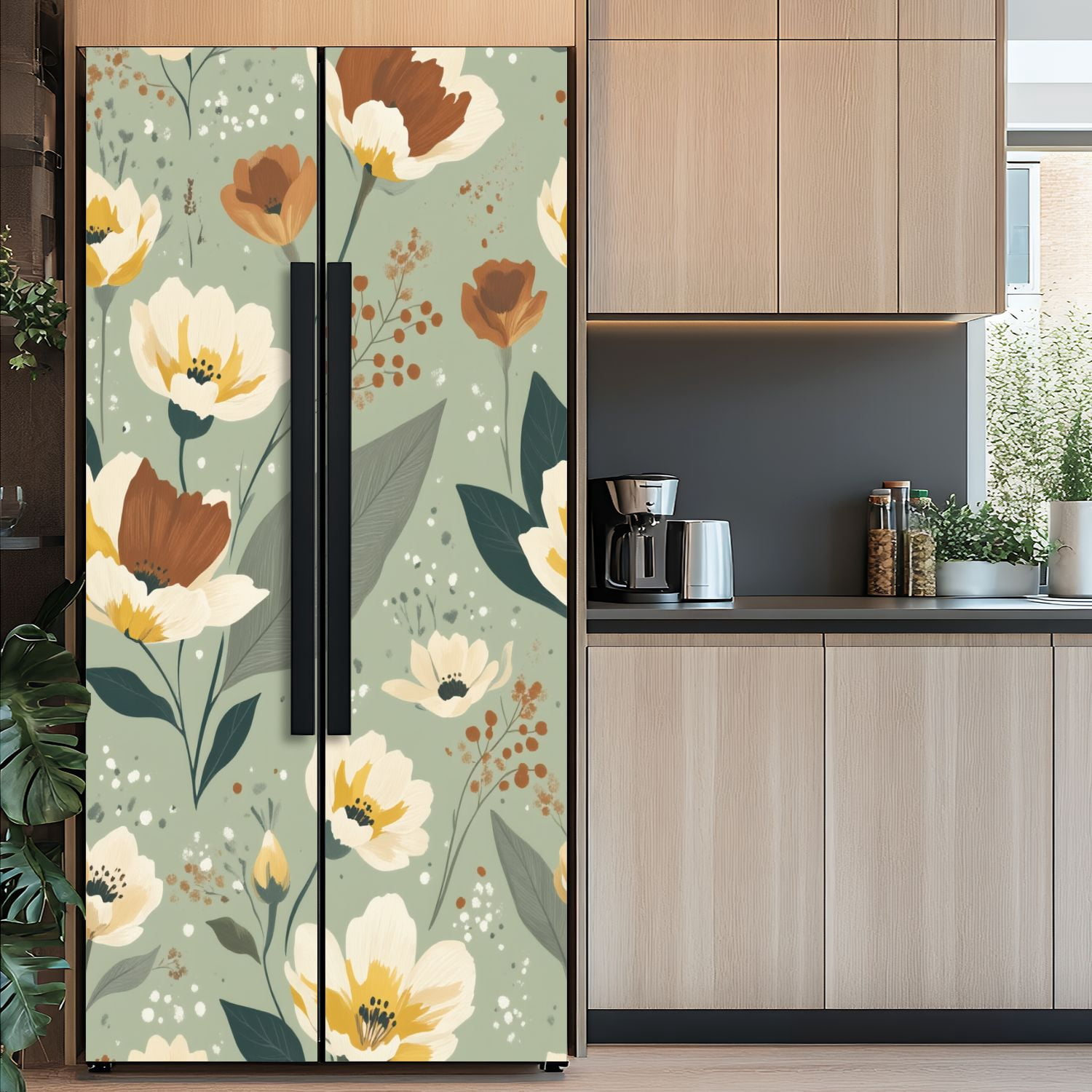 Self Adhesive Vinyl Refrigerator Wrap Set Muted Green Floral Brown Yellow Blooms Door Mural Removable Fridge Sticker Peel and Stick&nbsp;Full Door Cover Decal Kitchen Bar Decor