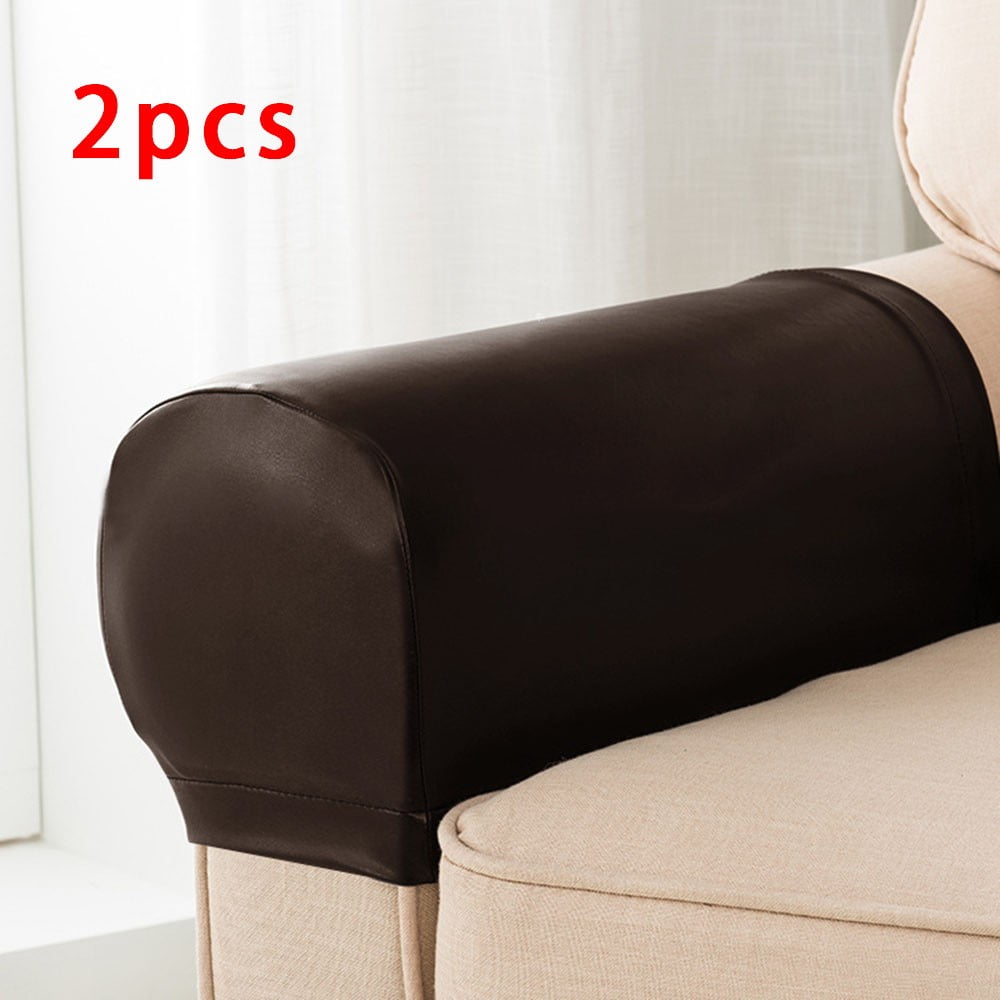 Brown Modern Style Pair of Faux Leather Chair Sofa Arm Cap Protectors Wipe Clean 