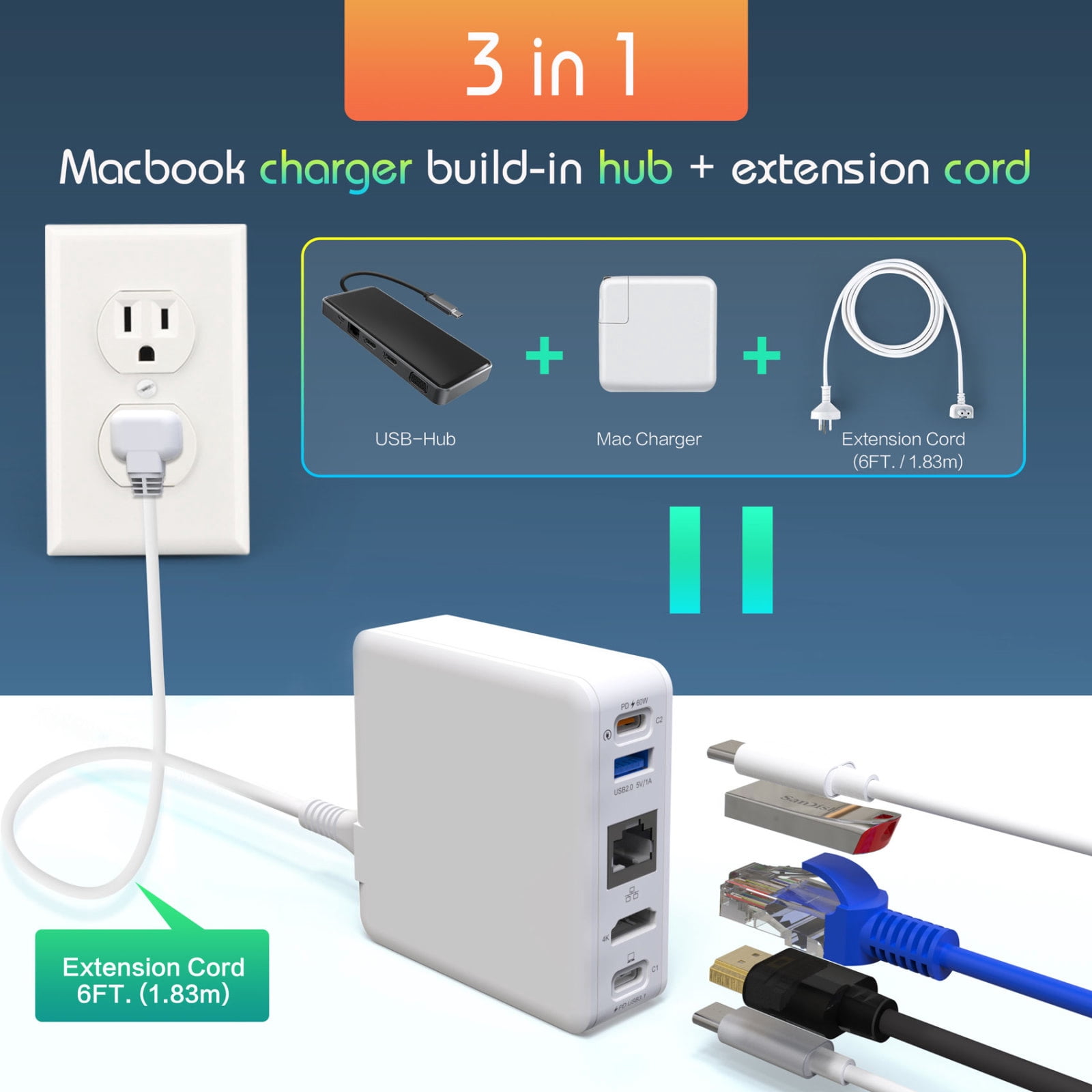 High-Speed Charging 65W Power Supply USB-C Charing Station 5-in-1 USB Type C HDMI RJ45 Ethernet Adapter