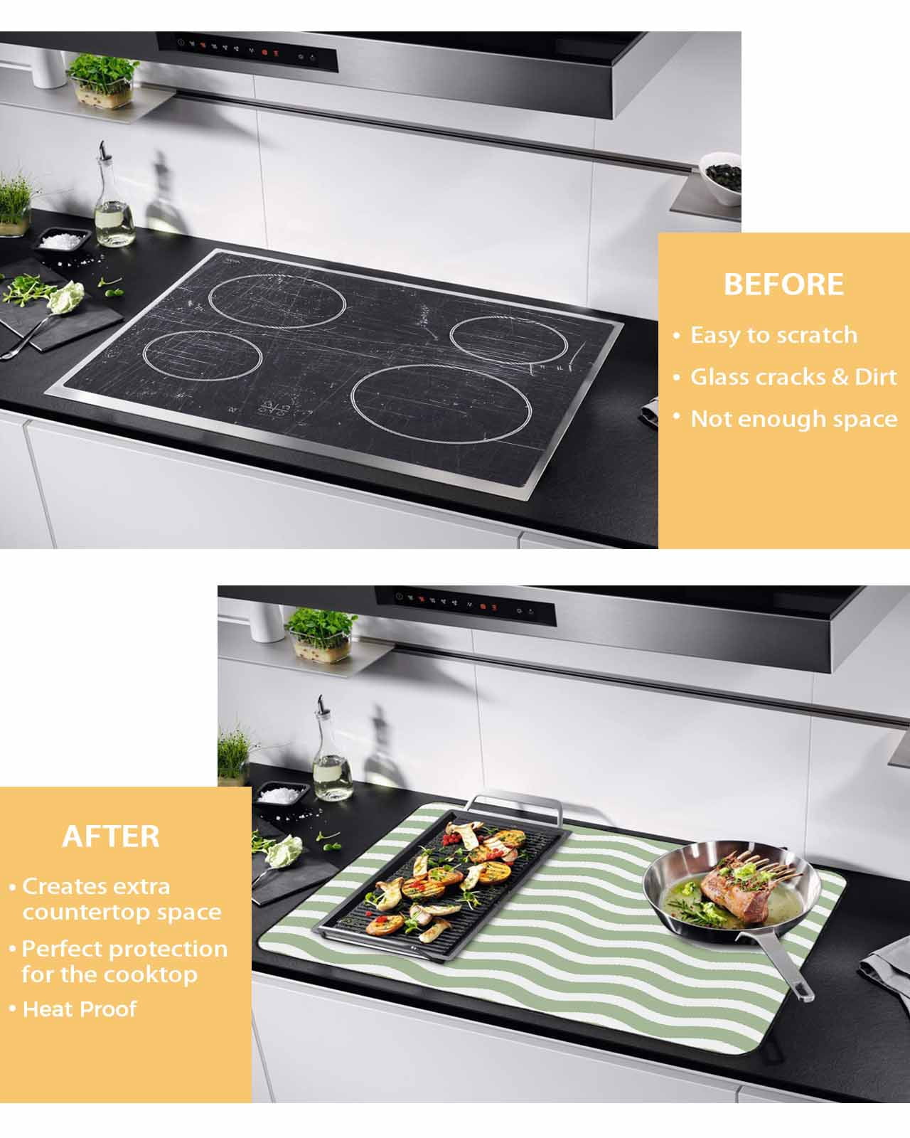 nqOlkjepod Large Induction Cooktop Protector Mat 24"x21", Sage Green Stove Top Covers for Electric Stove, Modern Abstract Waves Water Ripple Striped Stove Burner Cover Mats, Glass Top Stove Cover