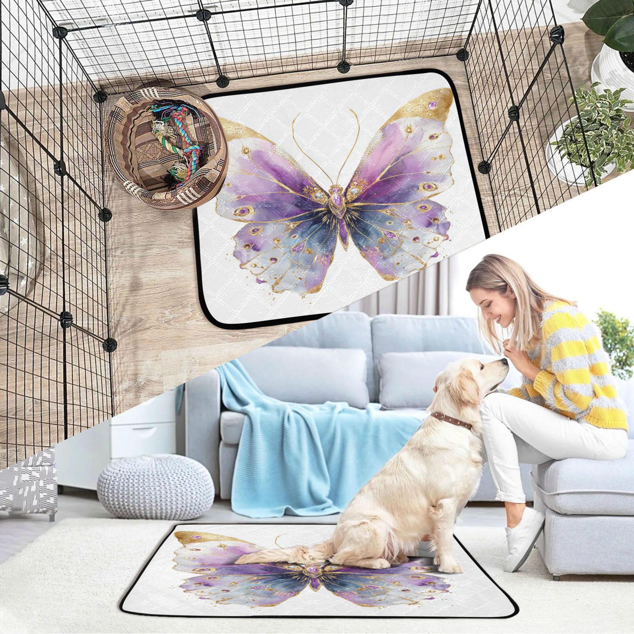 Qxltty Pastel Butterfly Cat litter Pads Pet Set of 2 Diaper Mats Center Anti-leakage Layer Absorbent Soft and Comfortable