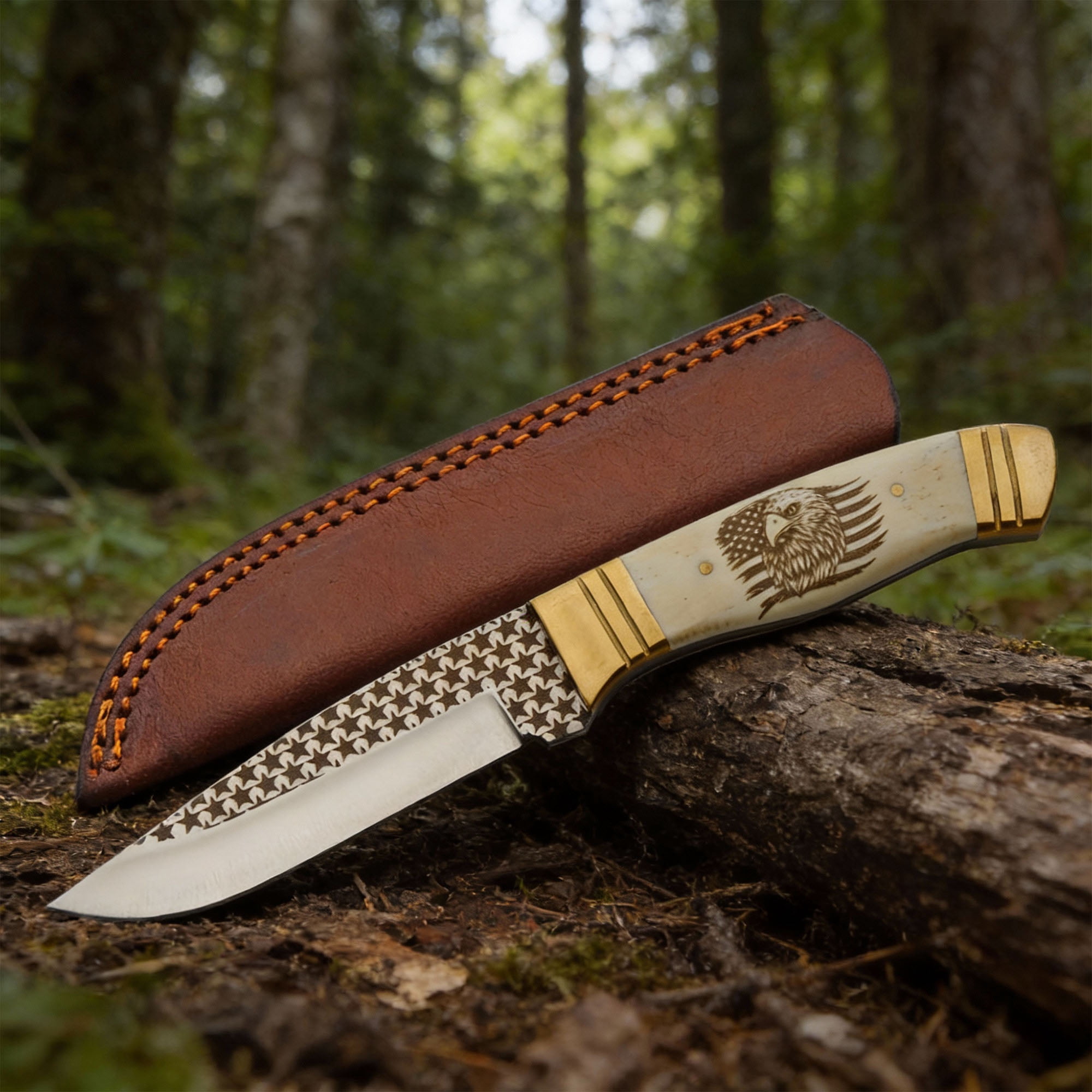 Rite Edge 8.25 Inch Bone Handle Fixed Blade Knife 8 Gauge Stainless Steel Blade Brass Bolster Laser Star Detail Leather Sheath Outdoor Knife