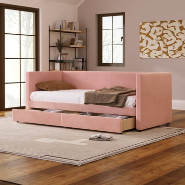 Modern Twin Size Upholstered Daybed with 2 Storage Drawers, Corduroy Fabric Daybed Sofa Bed Frame with Armrests and Wood Slat Support for Bedroom Living Room,Pink