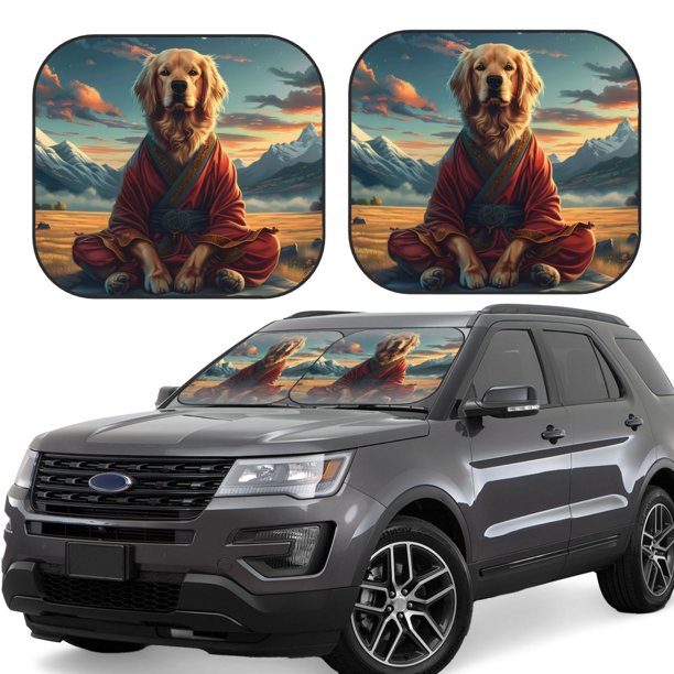 Fotbe Meditating Golden Retriever Juego de 2 Piezas de Parasoles para Parabrisas | Bloqueador Solar para Auto | Accesorios Plegables para Protección Solar Interior-Medium