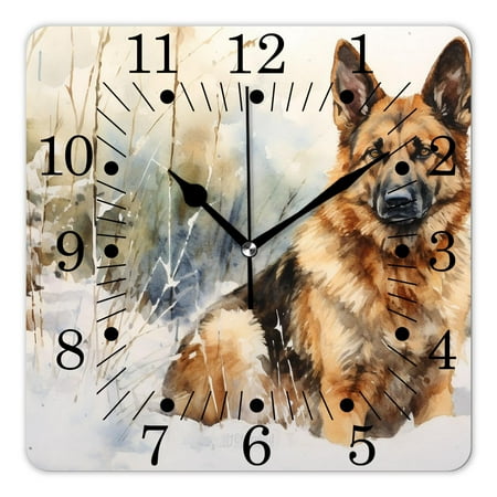 10 Inch Wall Clock Battery Operated Square Clock for Office, Kitchen, Outdoor, Living Room,German Shepherd In Watercolor Green Forest with Snowflake Painting