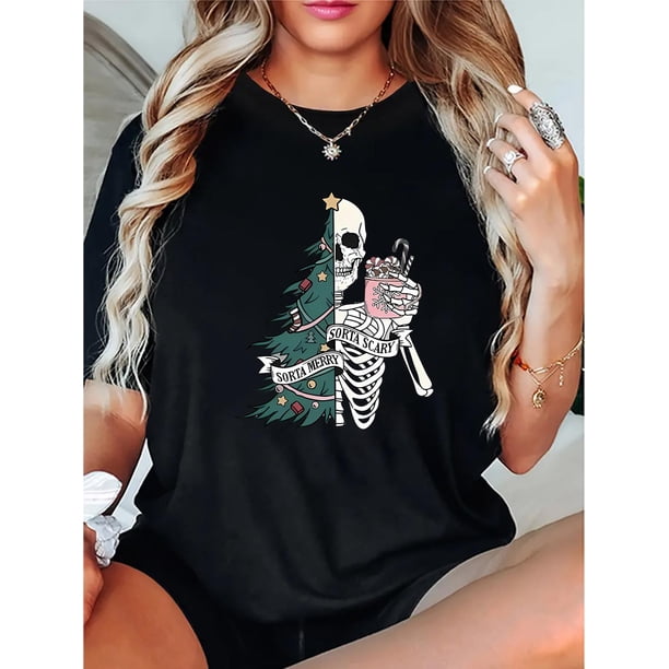 Camiseta informal con estampado de árbol de Navidad y calavera para mujer: cómoda camiseta de manga corta con cuello redondo, perfecta para vacaciones y verano, ideal para deportes de ocio.