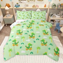Manfei Cartoon Green Dinosaur 2pcs Bedding Comforter Set for Preppy Children Kids,Jungle Wildlife Dino Twin Comforter Sets,Woodland Animal Breathable Bedding Set,Super Cozy Room Decor