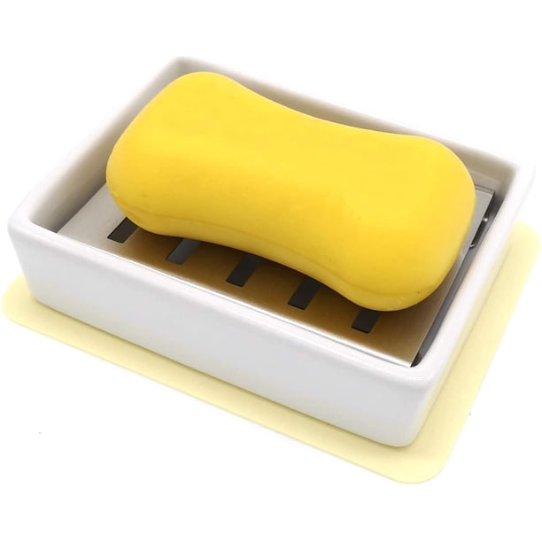 Lofekea Porte-Savon Céramique Et Acier Inoxydable Avec Égouttoir - Accessoire Salle De Bain Élégant