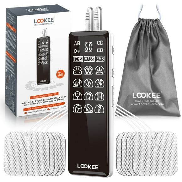 LOOKEE® LK113 Premium LED 4-Channel TENS Unit EMS Massage Muscle Stimulator for Pain Relief Therapy | Electric Pulse Massager | Licenced by Health Canada