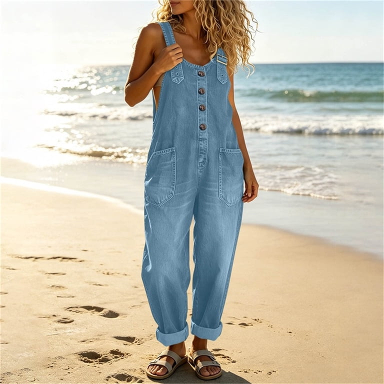 SZJXBUY Ladies Denim Jumpsuit Plus Size Casual Y2K Distressed Bib 