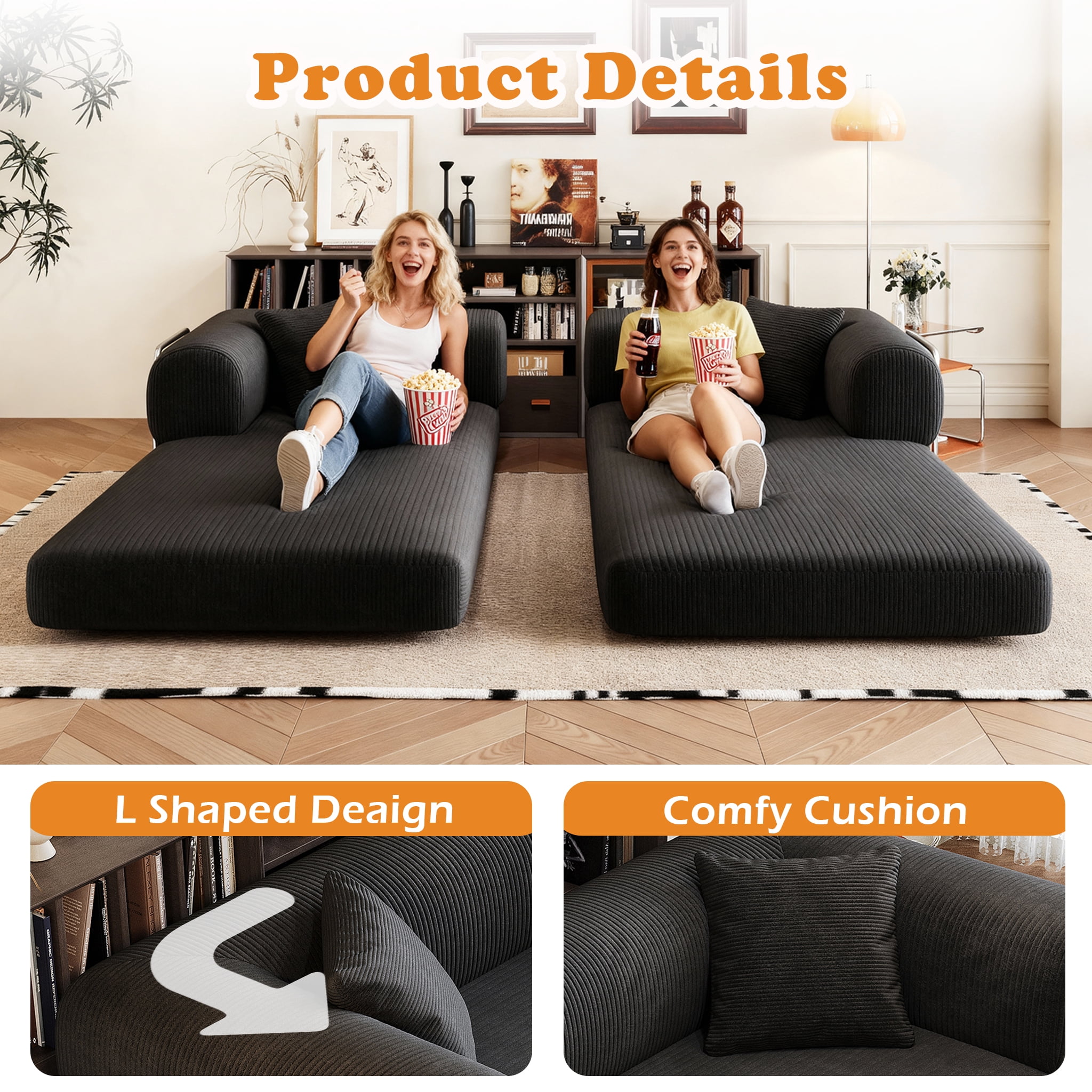 Eyisean 78.8" Corduroy Convertible Sofa Bed with Stainless Fixed-Shape Frame, 4-in-1 Boneless Loveseat with Pull-Out Bed, Lounge Futon Sofa Couch Floor Mattress for Living Room, No Assembly Required