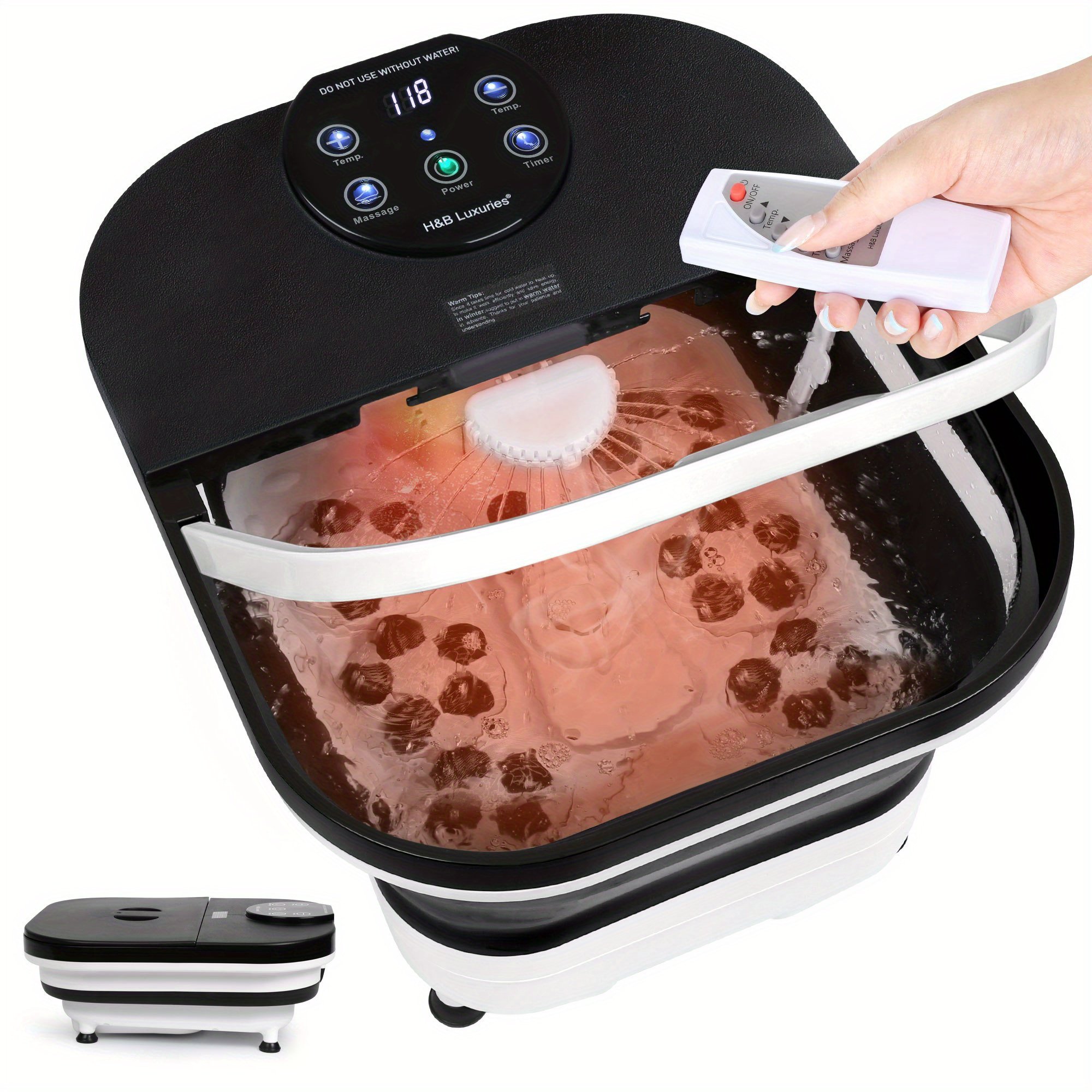 Foldable Foot Spa Bath, Space Saving, 20 Massage Rollers, Touchscreen Temp Display, Remote Control, Shower Sprayer, Ideal Heartfelt Gift for Mother's Day, Black & Gray