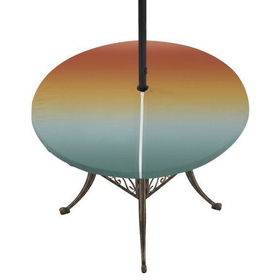 Round Outdoor Tablecloth with Umbrella Hole and Zipper, Burnt Orange Teal Ombre Tablecloth with Elastic Waterproof, Modern Gradient Abstract Art Patio Table Covers for 31" - 35" Picnic Pool Tables