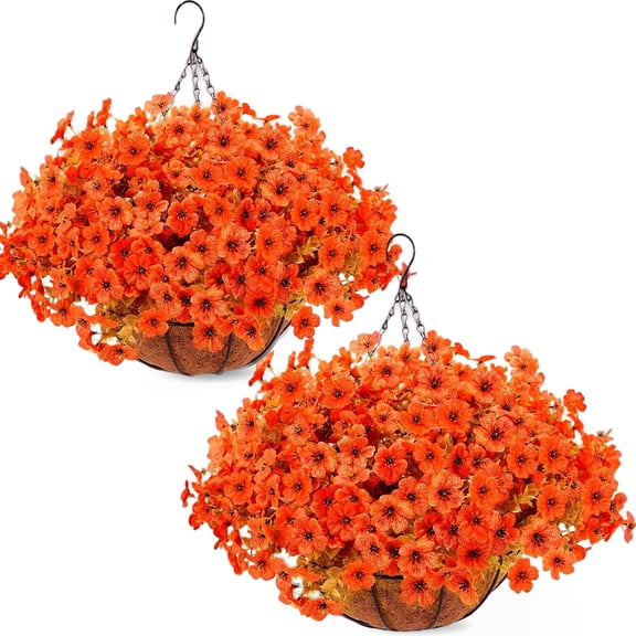 Lumikrypt 2 Pack Outdoor Artificial Fall Flower Hanging Basket, 24 Pcs Faux Orange Mums, UV Resistant Autumn Hanging Planters with Coconut Liner for Garden Patio Yard Decor