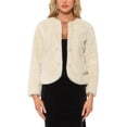 thumbnail image 1 of Abrigo de piel sintética Inspire Chic 2024 para mujeres, con mangas largas, bolsillos, botones de perla, cárdigan corto esponjoso, exterior color beige, 1 of 5