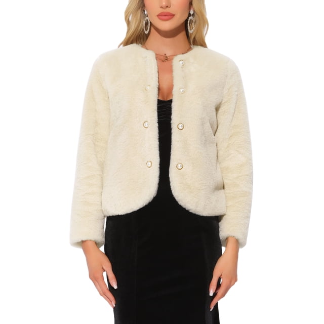Abrigo de piel sintética Inspire Chic 2024 para mujeres, con mangas largas, bolsillos, botones de perla, cárdigan corto esponjoso, exterior color beige