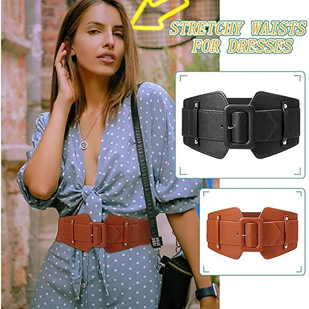 2 Pieces Women's Wide Stretchable Belt, Vintage Corset Belt Retro Thick  Buckle Belt Wide Waist Belt for Clothes Coats (Black + Brown) 