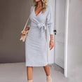 thumbnail image 6 of BAETEUY Women Dress Cross V Neck Lace-up Slim Fit Sheath Long Sleeves Knee Length Knitted Slim Fit Elastic Midi Dress Shopping Dating Dress, 6 of 8