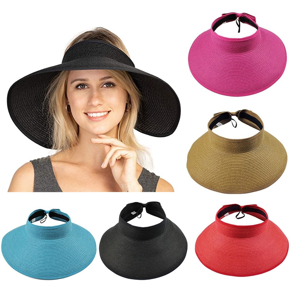 Cheers.US Women Sun Visors Foldable Straw Hats Summer Beach Packable