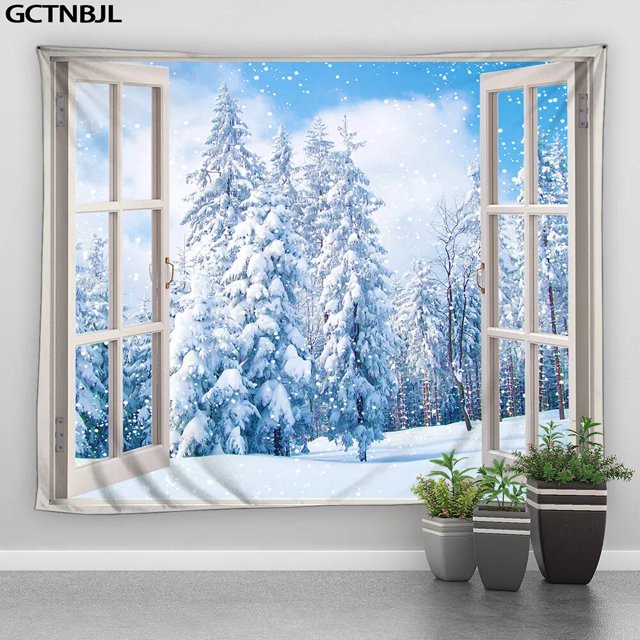 Tapiz navideño colgante de pared fuera de la ventana, Paisaje de nieve, bosque, invierno, dormitorio, sala de estar, decoración del hogar, tela