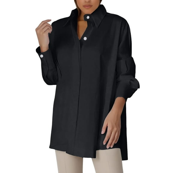 Women'S Clothing, Womens Tops, Fashionable Women Loose Button-Up Long Shirt Blouse with Elegant V Neck Lapel Design for Casual and Formal Occasions