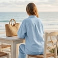 thumbnail image 6 of Textilo Women's Cotton Linen 2 Piece Sets Batwing Sleeve Shirt and Wide Leg Pants Outfit Button V Neck Outfit 2026 Boho Casual Summer Travel Vacation Trendy Outfits Tracksuit,Light Blue S, 6 of 6