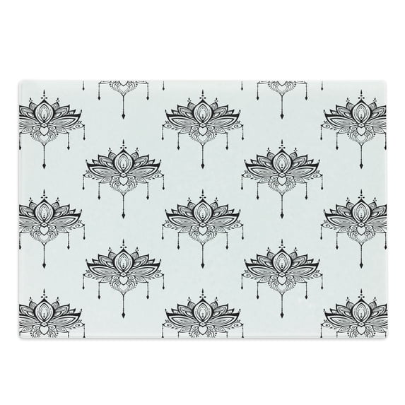 Floral Cutting Board, Bohemian Style Lotus Flowers in Monochrome Style Artistically Drawn by Hand, Decorative Tempered Glass Cutting and Serving Board, in 3 Sizes, by Ambesonne
