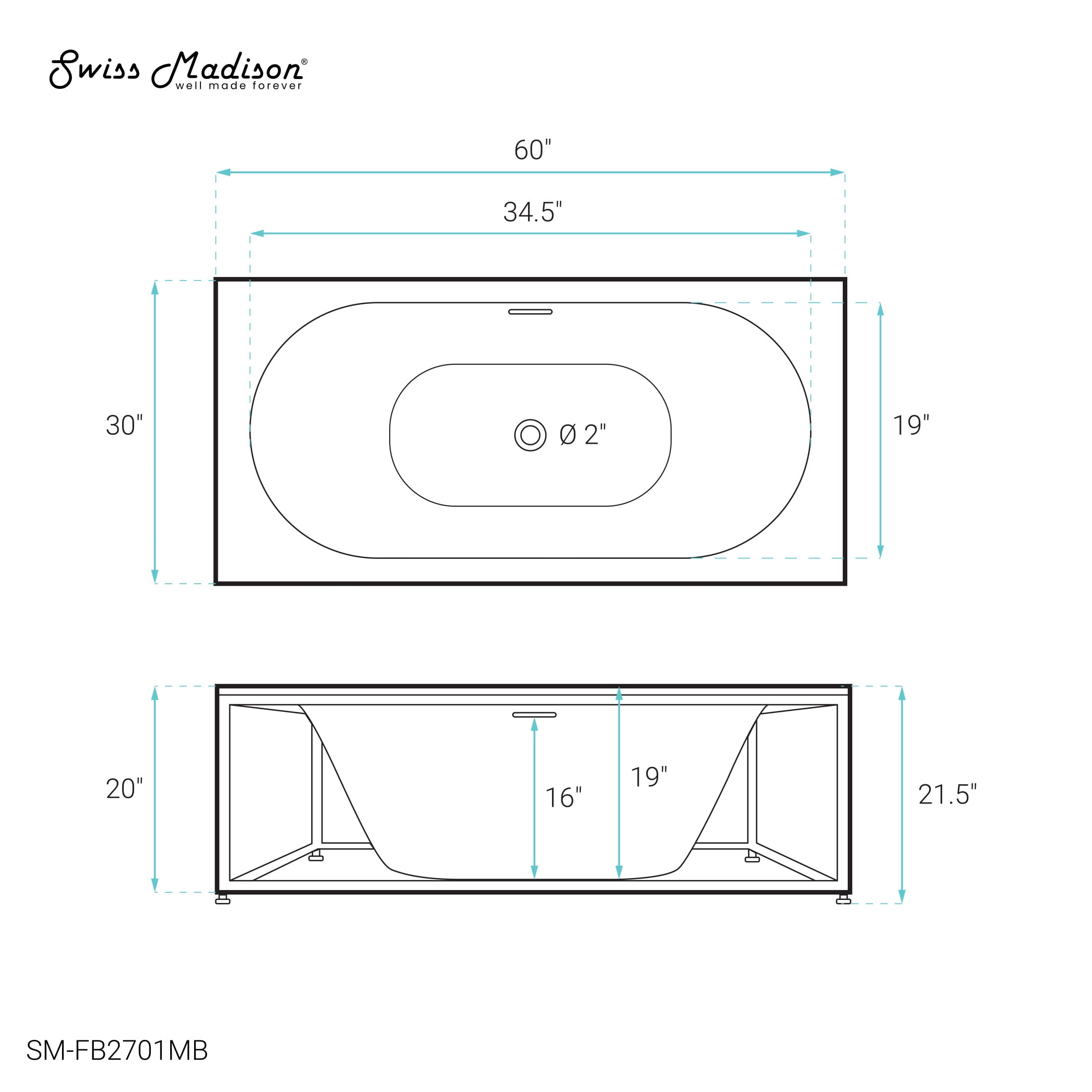 Pierre 60" Soaking Freestanding Bathtub in Glossy White, Black Frame Included