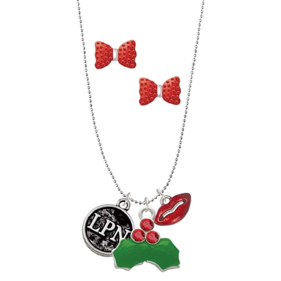 Delight Jewelry Silvertone Nurse Caduceus Seal - LPN Christmas Kiss Charm Necklace and Stud Earrings