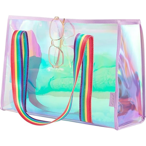 Rainbow-colored transparent beach tote bag - Large capacity - Waterproof zipper