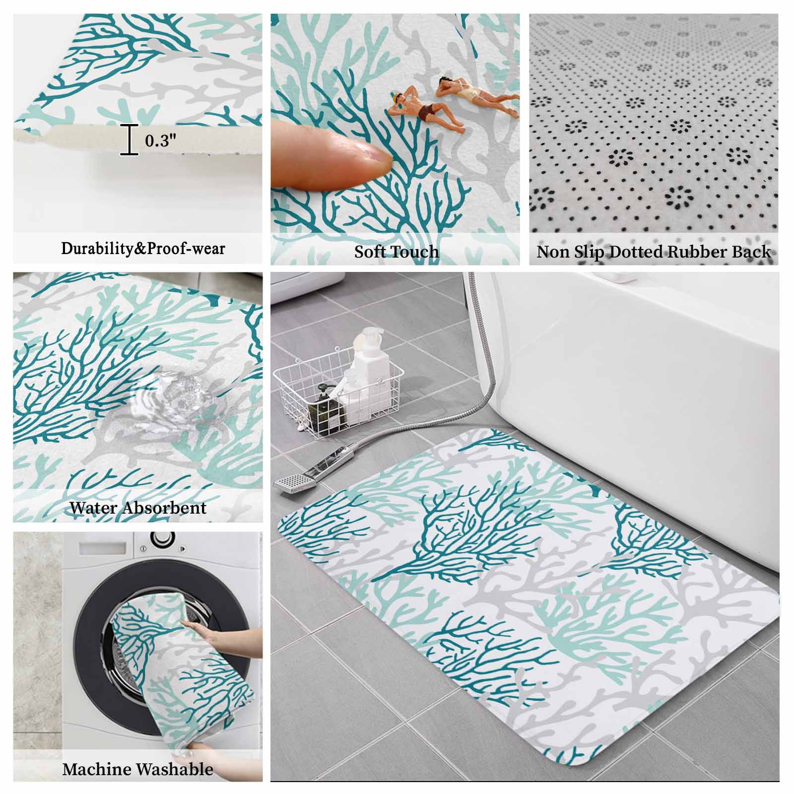 Teal Grey Coral Coastal Bath Mat 3 Piece Bathroom Rug Set, Summer Beach Seaside Nautical Non Slip Bath Rug Contour Mat and Toilet Lid Cover, Absorbent Shower Mats Soft Bath Rugs and Mats Sets