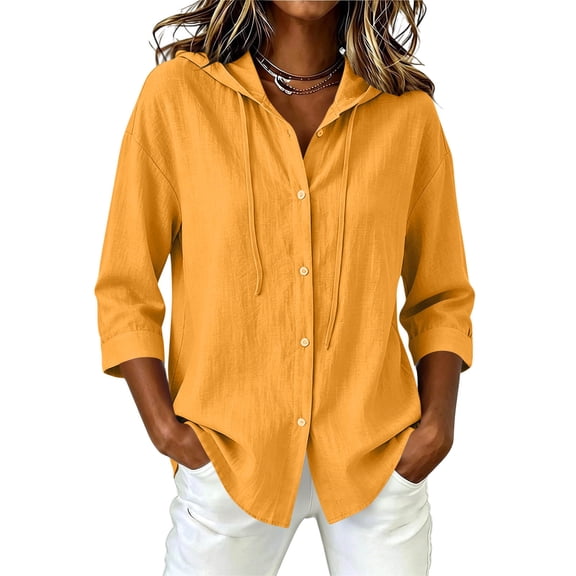 Miqool Cotton Linen Hoodies for Women Button Down Short Sleeve Collared Drawstring Flowy Tops Beach Vacation Outfits