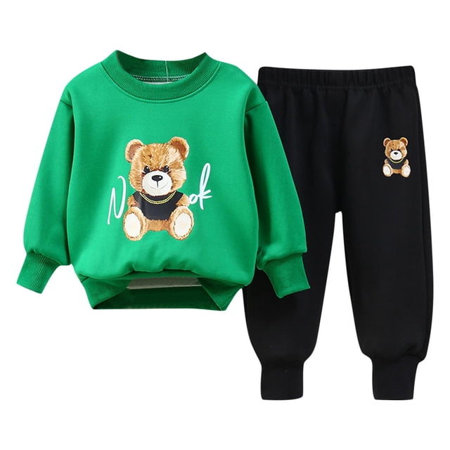 Ensemble Deux Pièces pour Enfants avec Chandail à Imprimé Ourson et Pantalon, Mélange Polyester Spandex, Taille Élastique, Manches Longues, Col Rond, Vert Militaire