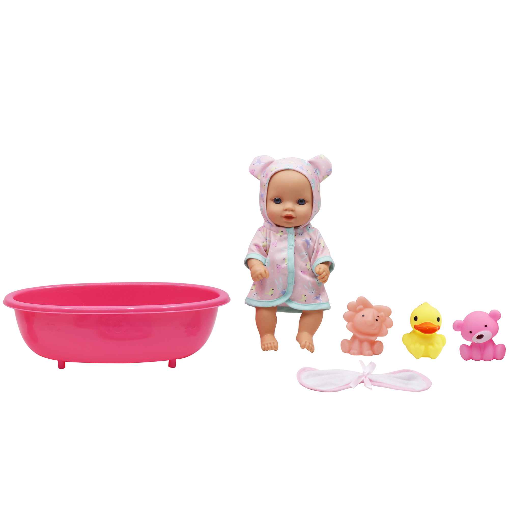 Dream Collection: 10" Baby Doll Bathing Playset - Pink & Blue - 3 Animal-Shaped Water Toys, Splash Tub, Robe & Towel, Hard Body, Kids & Toddlers 2+