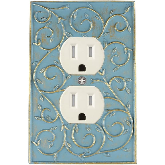 MERIVILLE French Scroll Duplex Outlet Wall Plate, Decorative Electrical Receptacle Cover, Cameo Blue with Gold