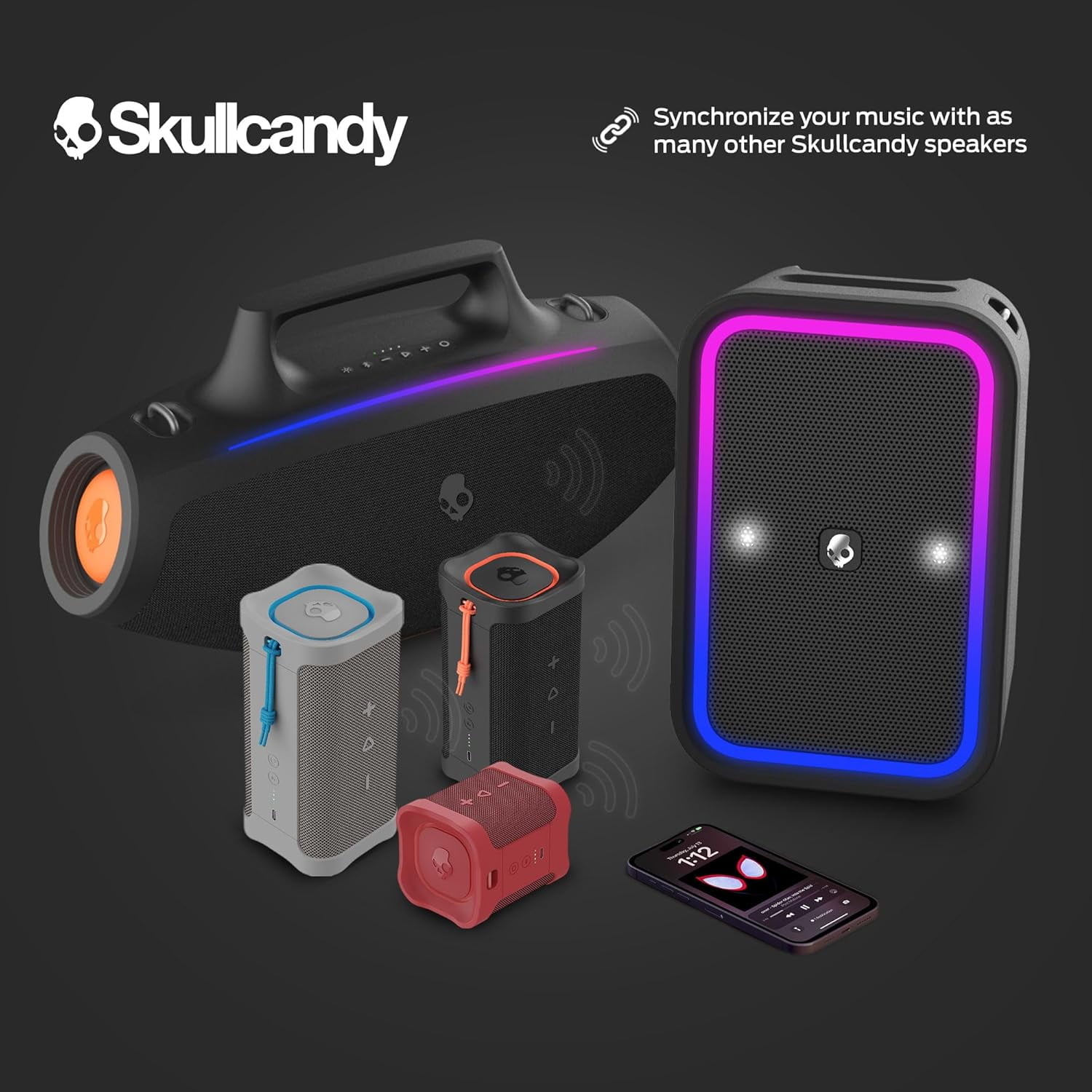 Skullcandy Barrel Bluetooth Boombox Party Speaker, Water-Resistant Portable Speaker, LED Lightshow Mode, 12 Hour Battery, Multi-Link