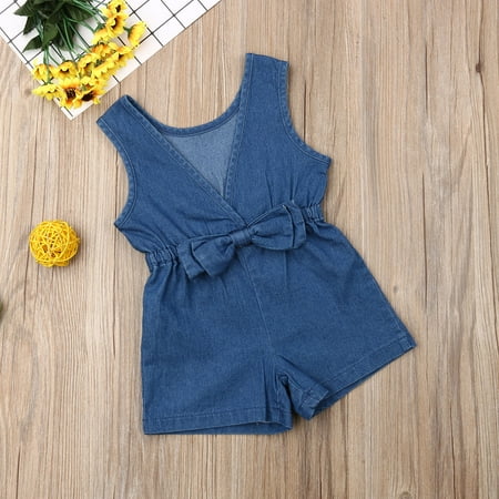 

Toddler Kids Baby Girls Bowknot Denim Romper Jumpsuit Shorts Onesie Playsuit Outfit Summer Clothes