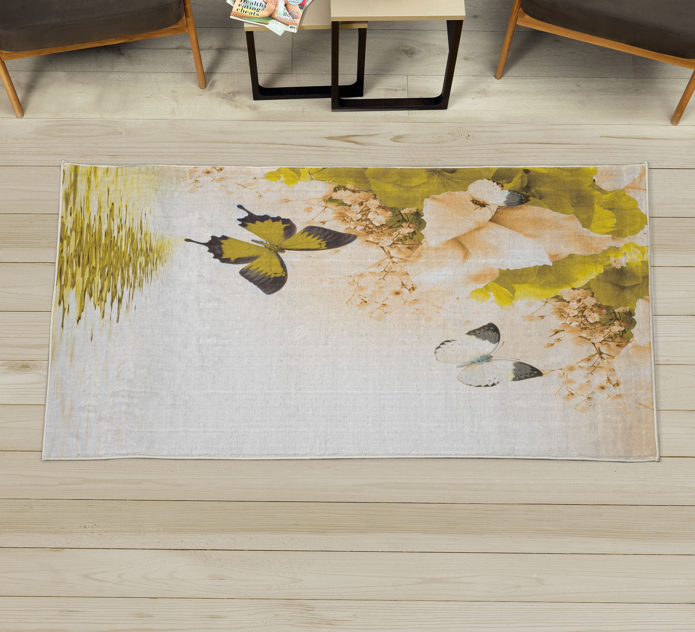 Floral Decorative Rug, Nature Theme Wild Flowers Monarch Flying ...