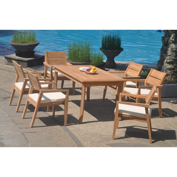 Grade-A Teak Dining Set: 6 Seater 7 Pc: 60" Rectangle Table And 6 Vellore Stacking Arm Chairs Outdoor Patio WholesaleTeak #WMDSWVm