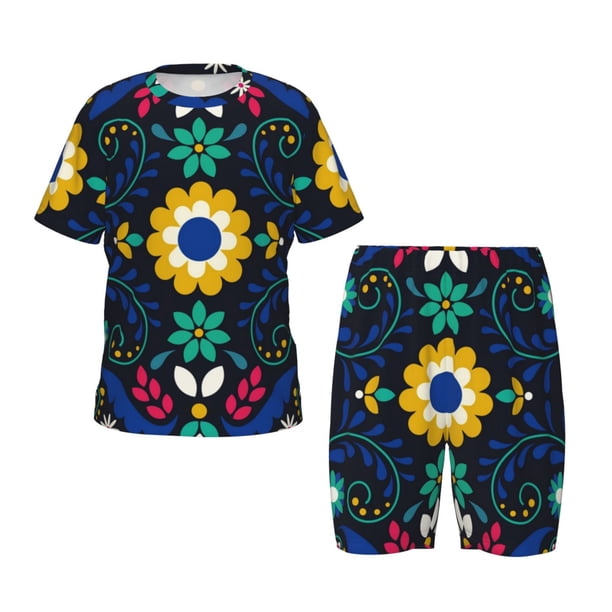 Balery Colorful Mexican Flower Conjunto de Pijama Infantil de Manga Corta con Estampado – Ropa de Dormir de Algodón Suave-Large